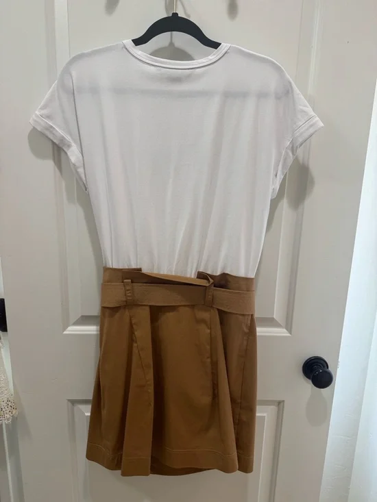 Veronica Beard Melany Mixed Media White and Tan High-Waist Belted Mini Dress - Picture 9 of 13